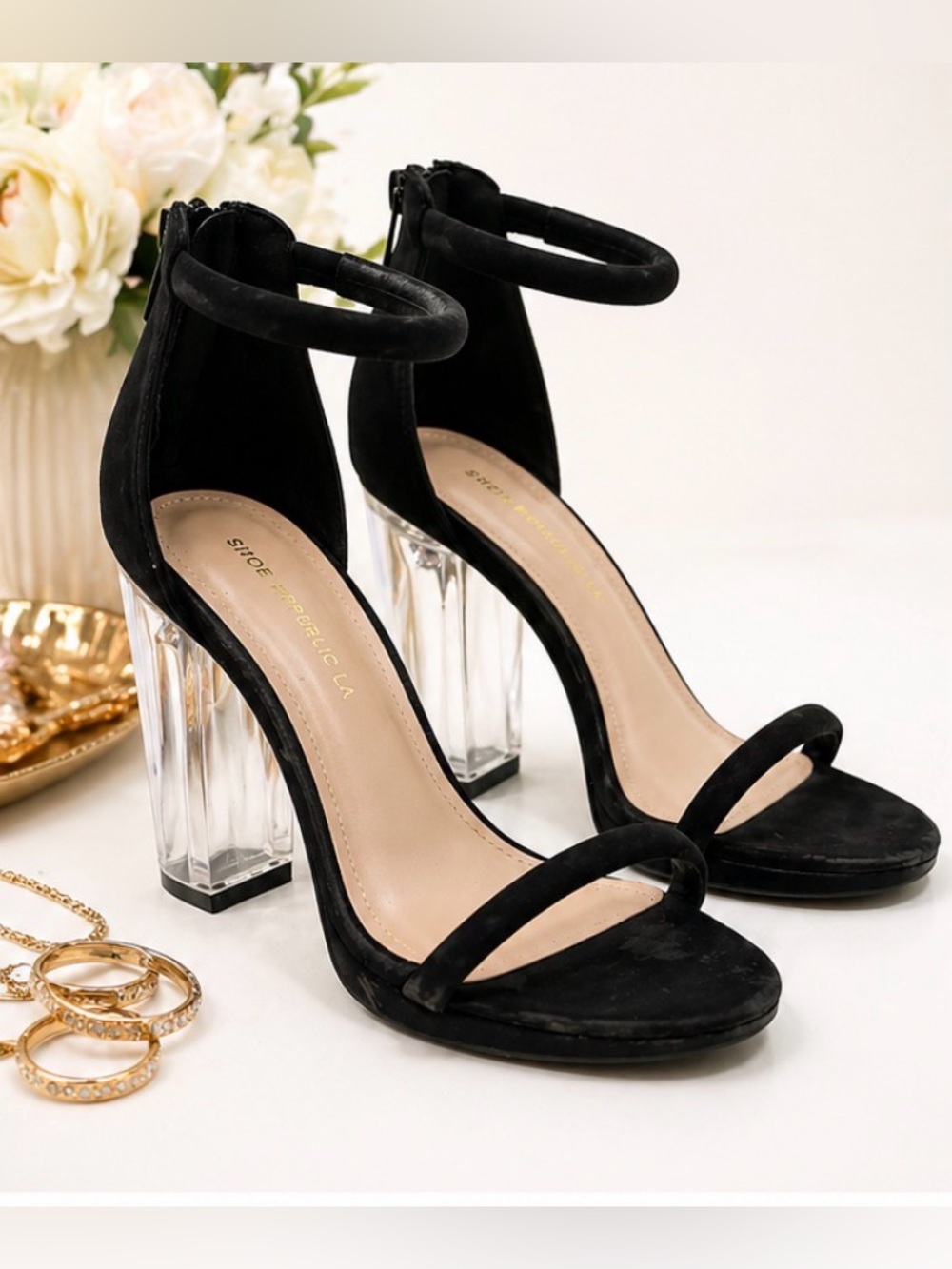 Black Ankle-Strap Clear Block Heel Sandals